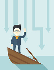 Image showing Failure chinese businessman standing on a sinking boat.