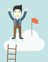 Image showing Asian man standing on the top of cloud with red flag.