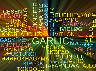 Image showing Garlic multilanguage wordcloud background concept glowing