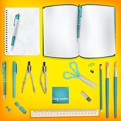 Image showing Set of Colored school supplies background. EPS 10