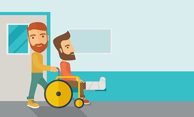 Image showing Man pushing the wheelchair with broken leg patient.