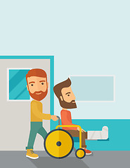 Image showing Man pushing the wheelchair with broken leg patient.