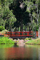 Image showing Red bridge in Chinese Garde, Singapore