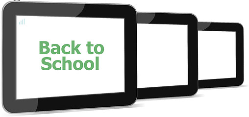 Image showing Tablet PC set with dack to school word on it, isolated on white