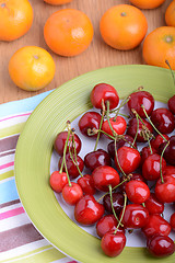 Image showing mandarin and cherry fresh fruits and berries, summer health food