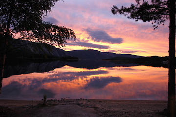 Image showing Sunset Lake Nisser w.trees