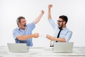 Image showing The two colleagues working together at office on white background