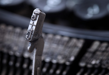 Image showing J hammer - old manual typewriter - cold blue filter