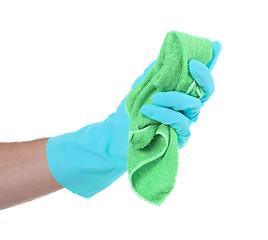 Image showing Hand wearing rubber glove and hold rag(mop)