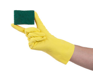 Image showing Mans hand in rubber glove with sponge isolated