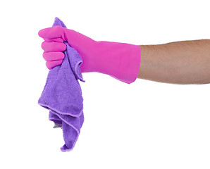 Image showing Hand wearing rubber glove and hold rag(mop)