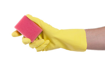 Image showing Mans hand in rubber glove with sponge isolated