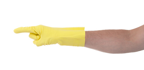 Image showing Hand in an cleaning glove making a directional sign