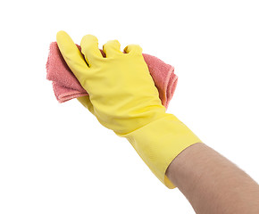 Image showing Hand wearing rubber glove and hold rag(mop)