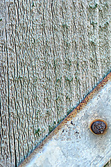 Image showing Closeup head of big metal screw on wooden plate