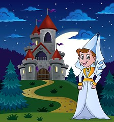 Image showing Medieval lady near night castle