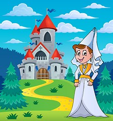 Image showing Medieval lady near fairy tale castle