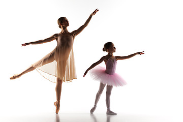 Image showing The little ballerina dancing with personal ballet teacher in dance studio