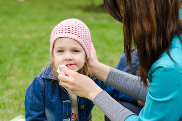 Image showing Mother wipes his mouth with a napkin girl on picnic