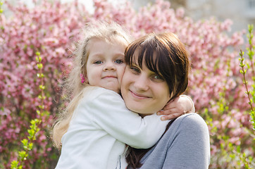 Image showing Embraces of mother and daughter on spring background