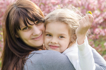 Image showing Portrait of mother and daughter on spring background