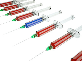 Image showing Red syringe among blue ones as right medical choice