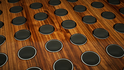 Image showing Wall of sound many speakers on wooden background