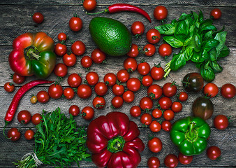 Image showing Tasty vegetables on wooden table in rustic style