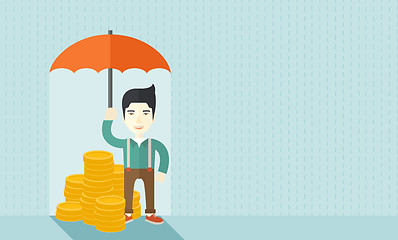 Image showing Chinese businessman with umbrella as protection for his investment.