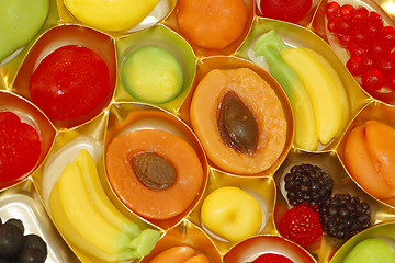 Image showing fruit candy in shape of fruits apricot blackberry