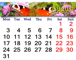 Image showing calendar for August of 2015 year with peacock eye