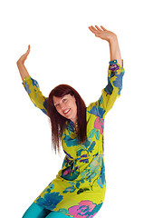 Image showing Very happy woman with hands up.