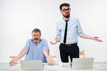 Image showing The two colleagues working together at office on white background