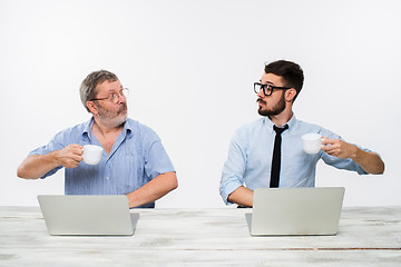 Image showing The two colleagues working together at office on white background