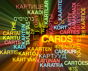 Image showing Cards multilanguage wordcloud background concept glowing