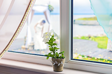 Image showing Bride in white dress on lakeside