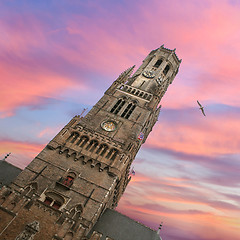 Image showing Belfry bell tower on sunset in Bruges