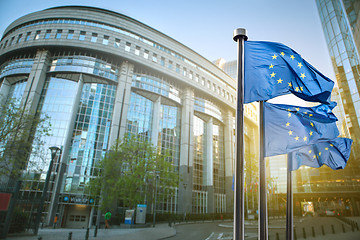 Image showing European union flag against parliament in Brussels