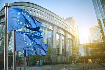 Image showing European union flag against parliament in Brussels