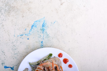 Image showing mushroom salad with champignon and fresh carrots, white plate on white plate with watercolor