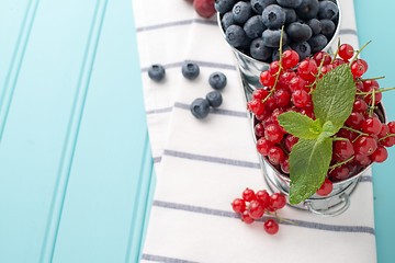 Image showing Plums, red currants and blueberries in small metal bucket