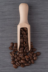 Image showing Wooden scoop with coffee beans