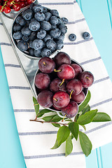 Image showing Plums, red currants and blueberries in small metal bucket