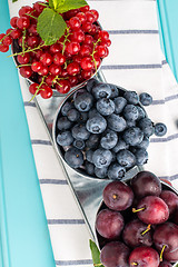 Image showing Plums, red currants and blueberries in small metal bucket