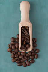 Image showing Wooden scoop with coffee beans