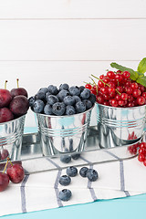 Image showing Plums, red currants and blueberries in small metal bucket