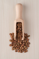 Image showing Wooden scoop with lentils