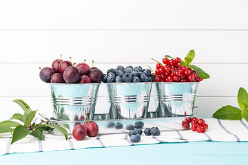 Image showing Plums, red currants and blueberries in small metal bucket