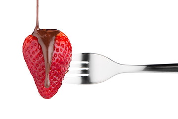 Image showing Strawberry and chocolate on a fork