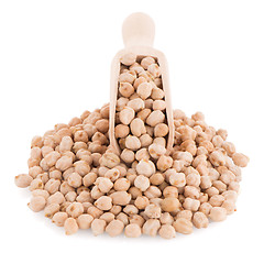 Image showing Uncooked chickpeas and wooden scoop